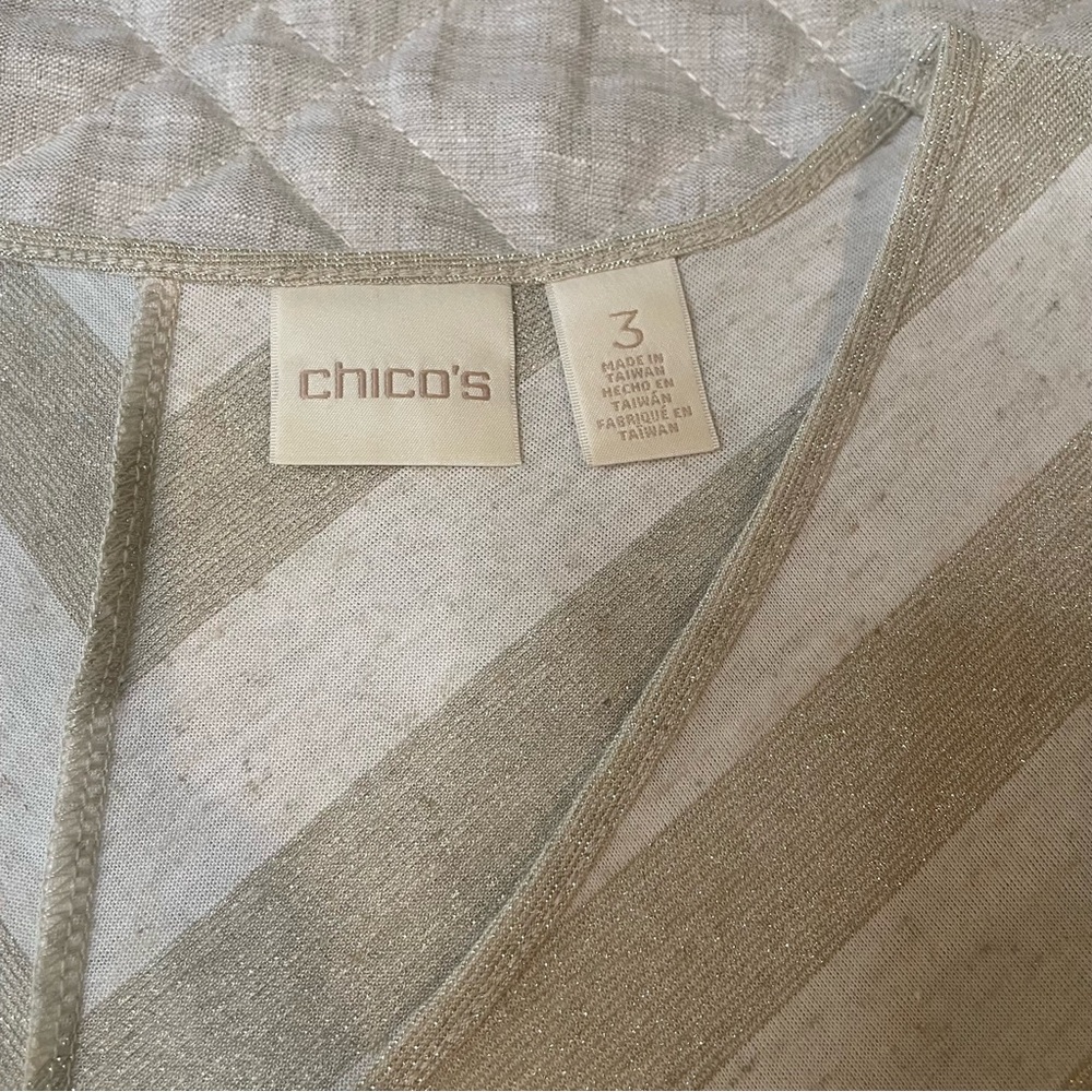 Chico’s Tan Linen Metallic Gold Diagonal Stripe V-Neck Top Chico’s size 3 / XL - Picture 3 of 11